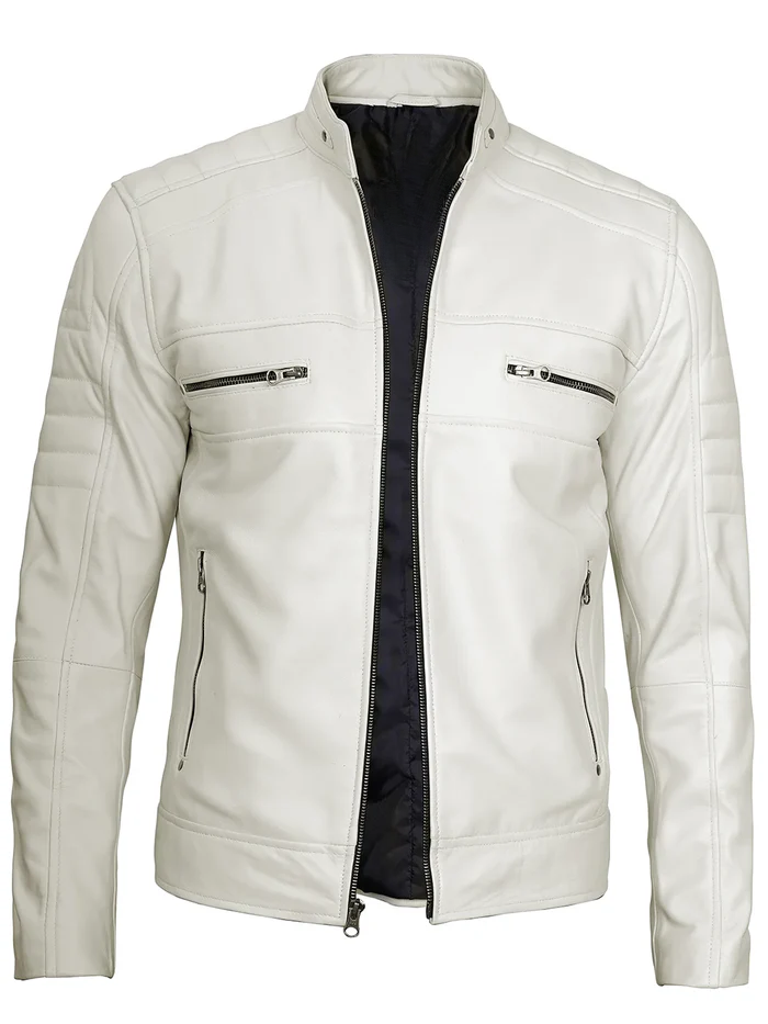 Blanco Men's White Cafe Racer Leather Jacket - Front View