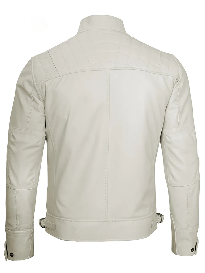 Ghost Men's White Cafe Racer Leather Jacket - Detail View