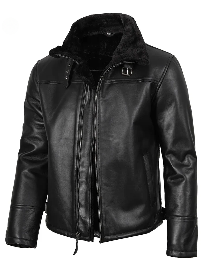 Pilot Men's Black Shearling Leather Jacket - Front Closed View
