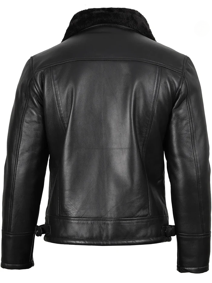 Pilot Men's Black Shearling Leather Jacket - Collar Detail View