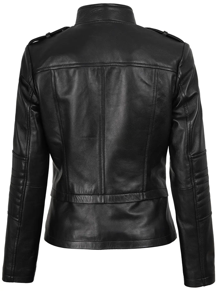 Monica Women's Black Asymmetric Moto Leather Jacket - Front View