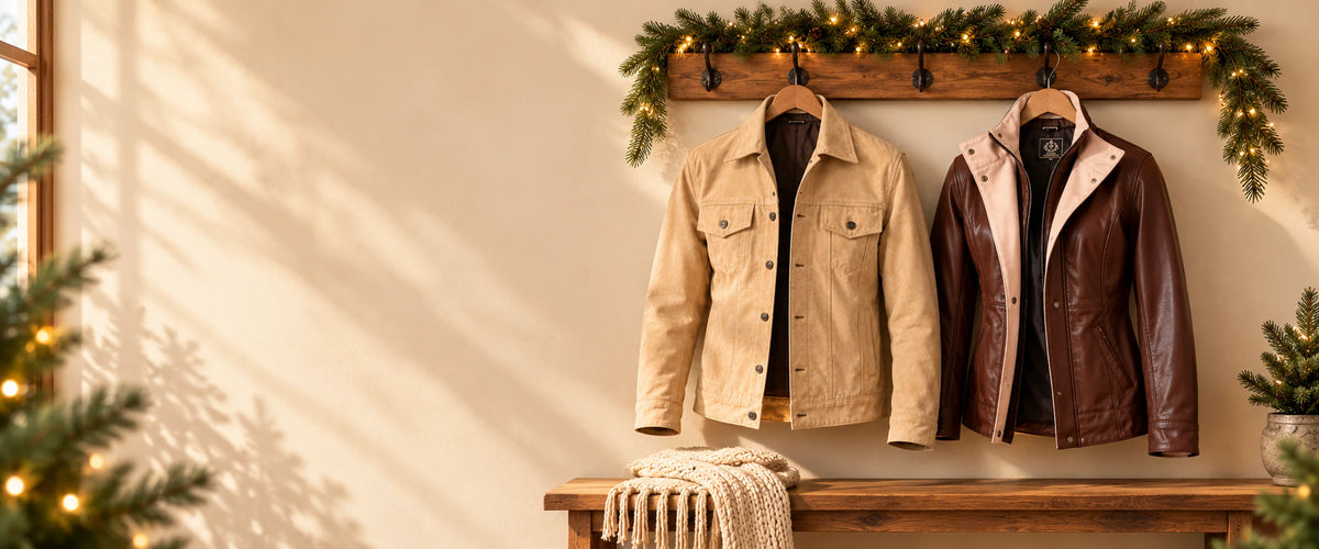 Two NSM leather jackets hanging on a wooden rail, a gift for him and a gift for her