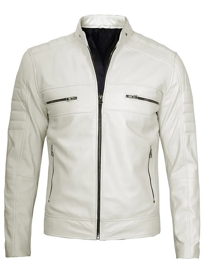 Blanco Men's White Cafe Racer Leather Jacket - Front Open View