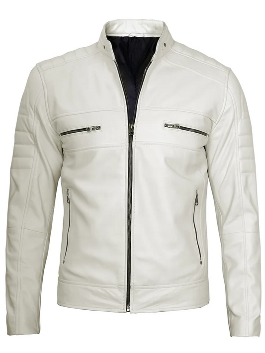 Blanco Men's White Cafe Racer Leather Jacket - Front Open View