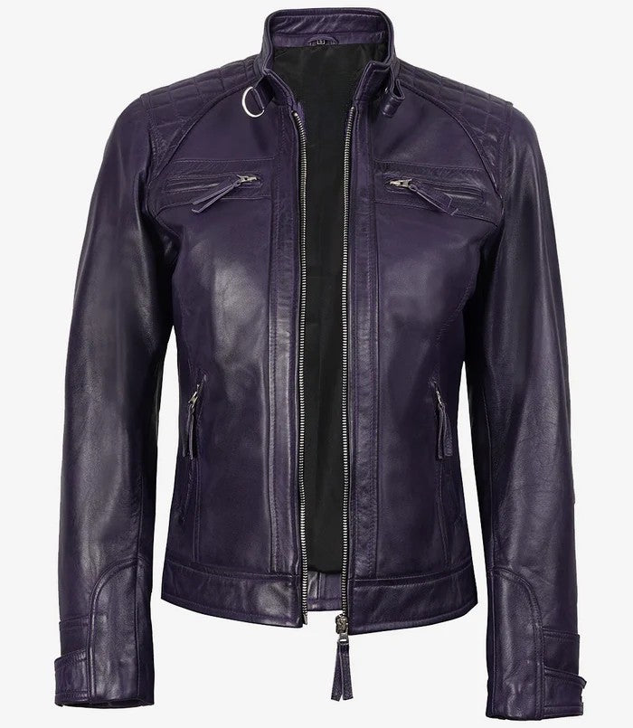 Royal Purple Leather Biker Jacket for Women – Open Front