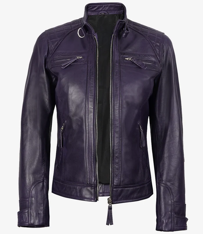 Scarlett Women's Purple Cafe Racer Leather Jacket - Front View