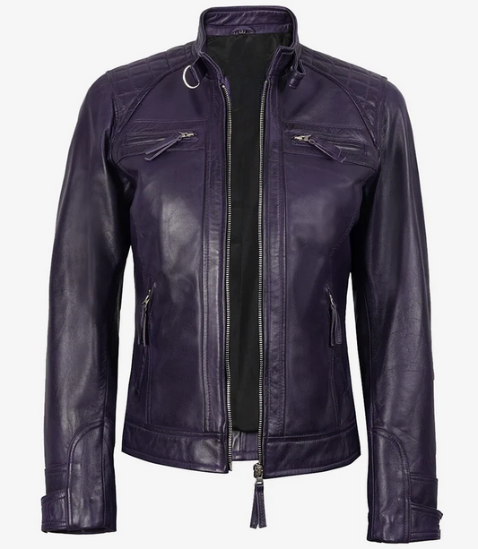 Scarlett Women's Purple Cafe Racer Leather Jacket - Front View