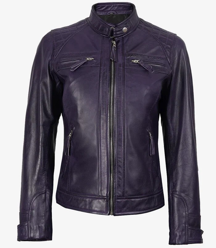 Women’s Purple Leather Biker Jacket – Front View