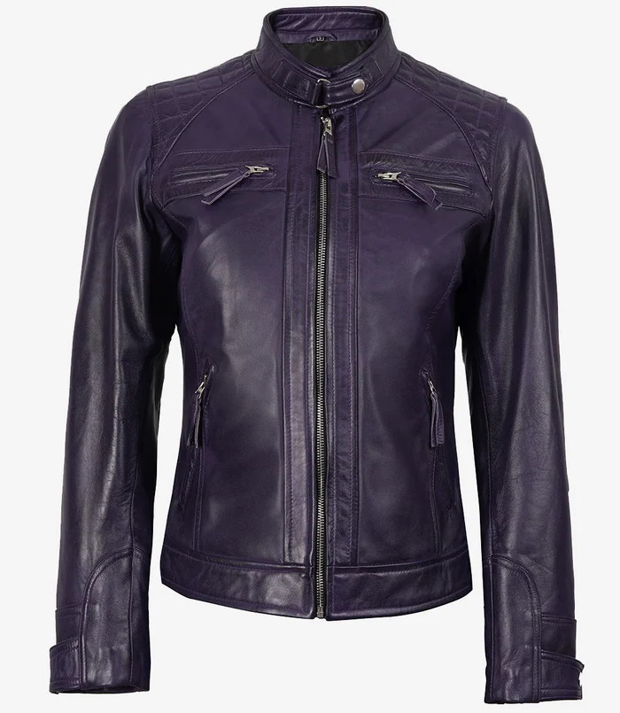 Scarlett Women's Purple Cafe Racer Leather Jacket - Side View
