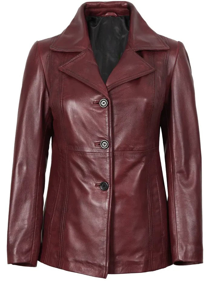 Women’s Real Leather Burgundy Blazer – Front View