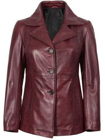 Women’s Real Leather Burgundy Blazer – Front View