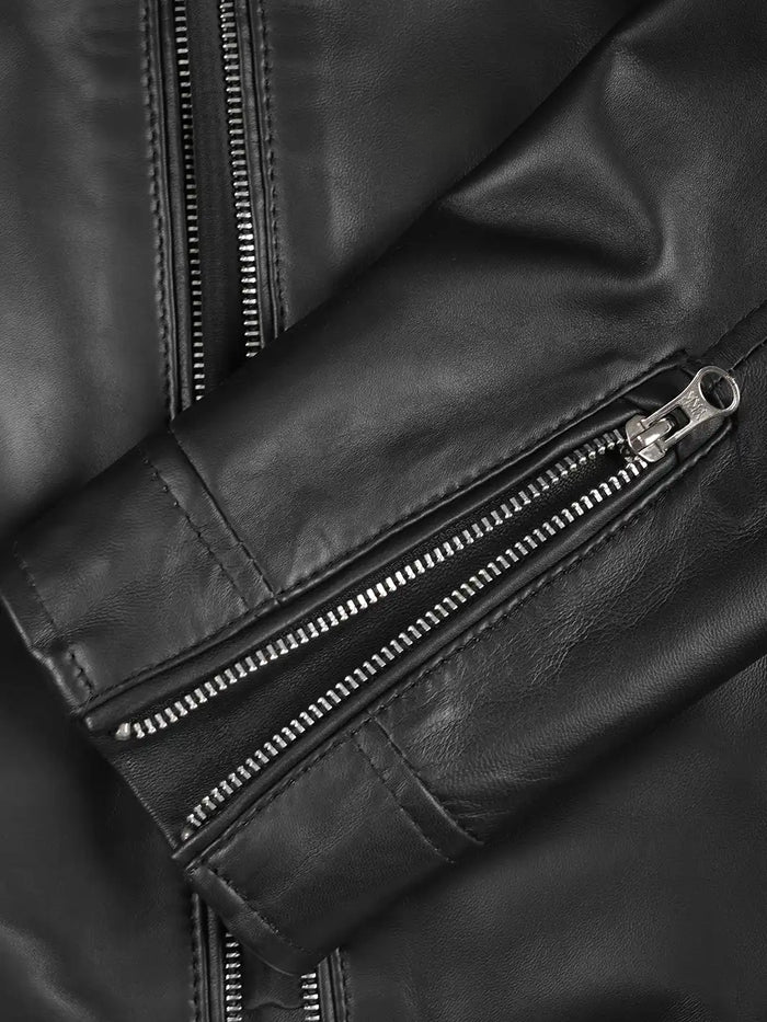 Luna Women's Black Cafe Racer Leather Jacket - Features View