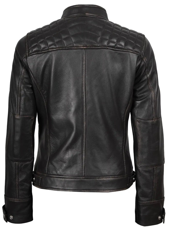 Women’s Rub-Off Brown Leather Biker Jacket – Front View