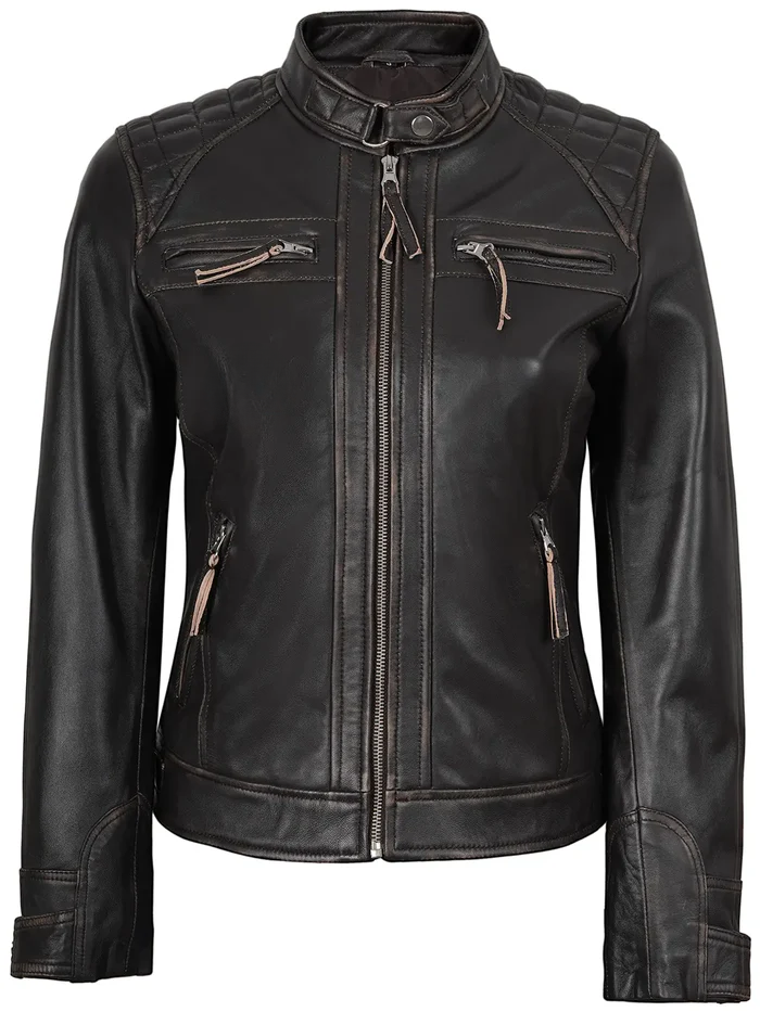 Scout Women's Dark Brown Rub-Off Biker Leather Jacket - Side View