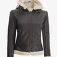Ivory Women's Dark Brown Hooded Shearling Leather Jacket - Front View