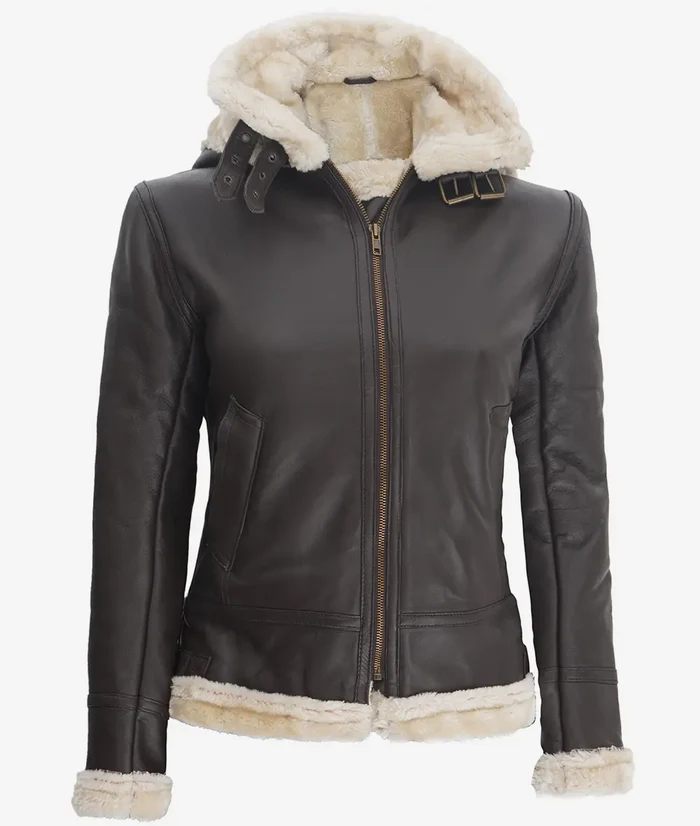 Ivory Women's Dark Brown Hooded Shearling Leather Jacket - Front View