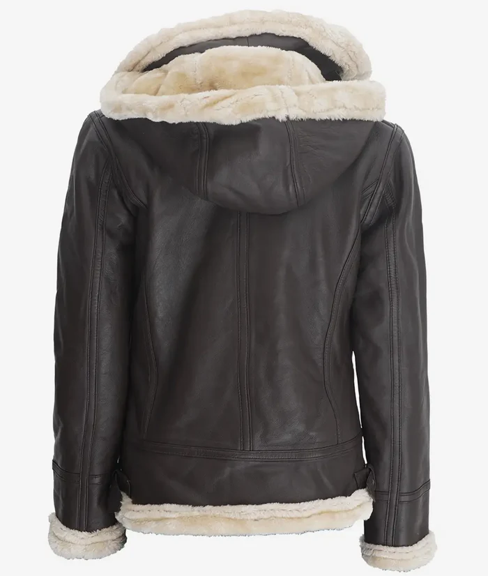 Ivory Women's Dark Brown Hooded Shearling Leather Jacket - Side View