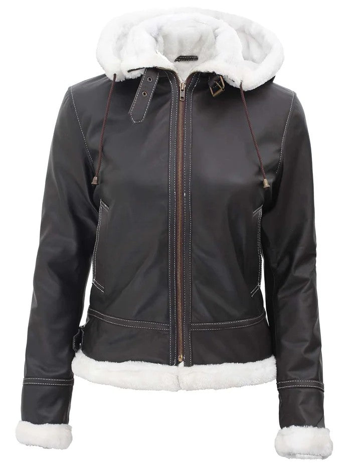 Women’s Shearling Leather Jacket in Brown – Front Zip View