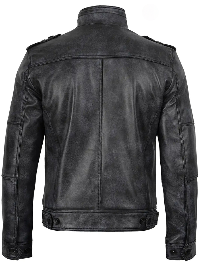 Men’s Distressed Black Leather Bomber Jacket – Front View