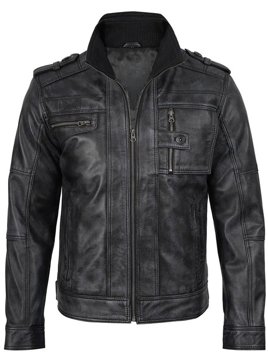 Tavares Men's Black Distressed Biker Leather Jacket - Detail View