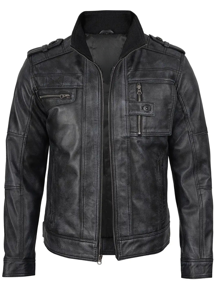 Tavares Men's Black Distressed Biker Leather Jacket - Front View