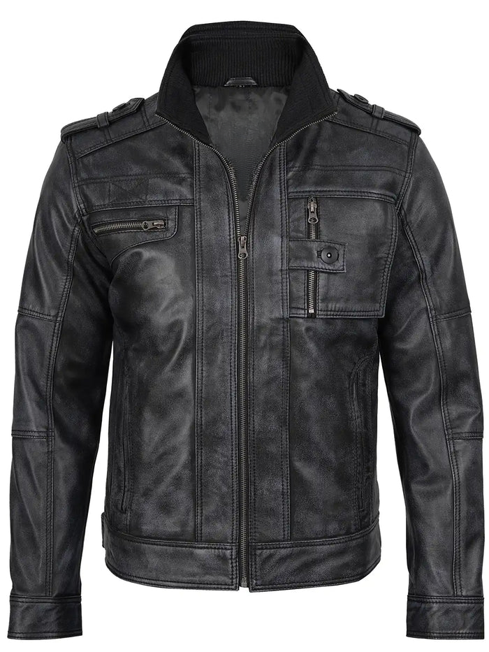 Men’s Distressed Black Leather Bomber Jacket – Front View