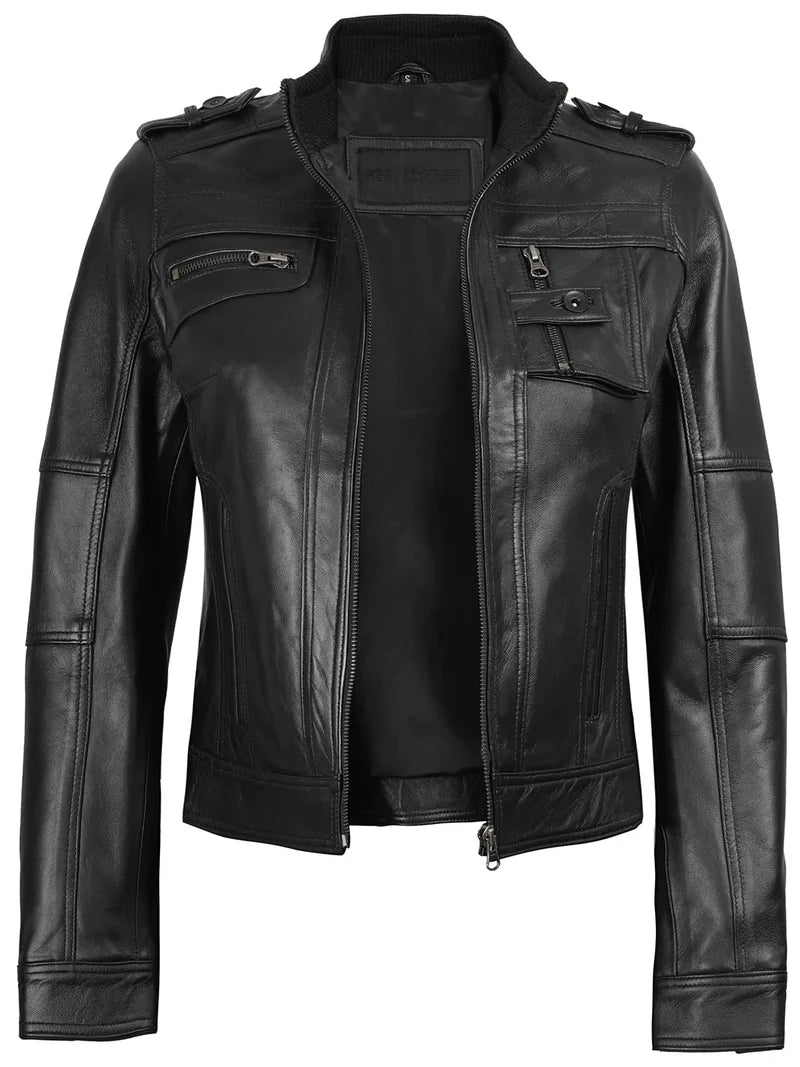 Tavares Women's Black Cafe Racer Leather Jacket - Front Open View