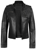 Tavares Women's Black Cafe Racer Leather Jacket - Front Open View