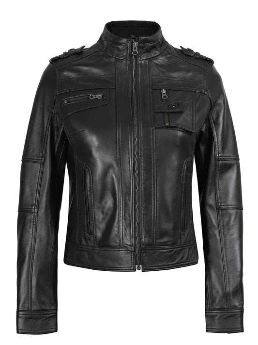 Erin Men's Black Bomber Leather Jacket - Brown Lapel Collar