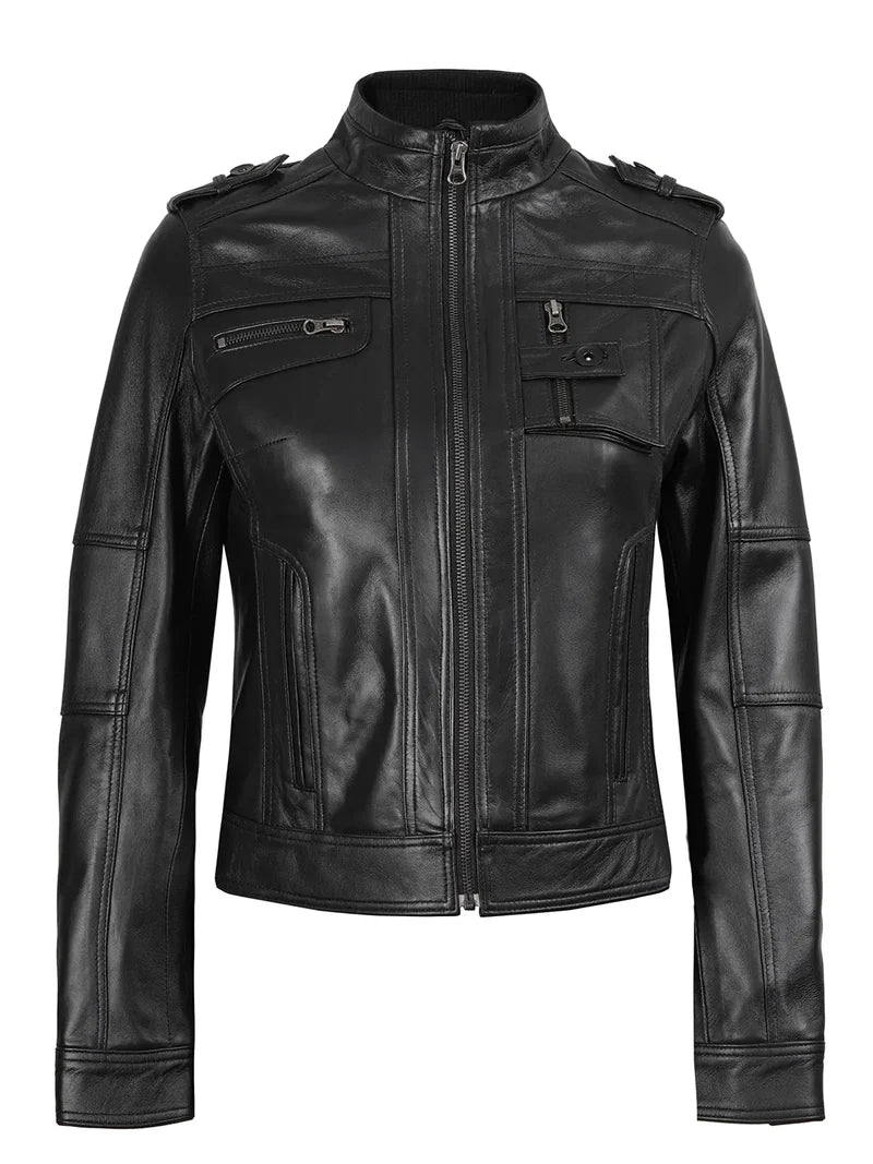 Tavares Women's Black Cafe Racer Real Leather Jacket - Front Zipped View