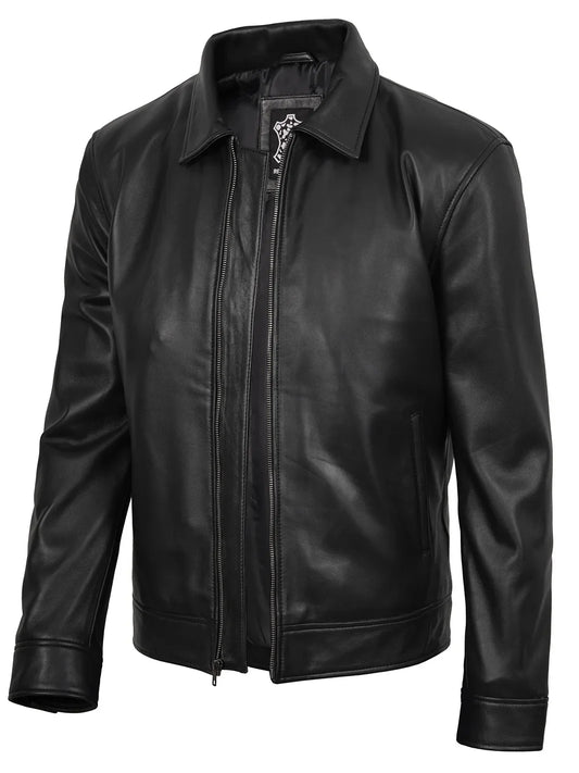 Tony men's black Harrington leather jacket, front view