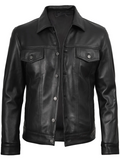Men’s Black Trucker Leather Jacket – Button-Up Design | NSM Jackets