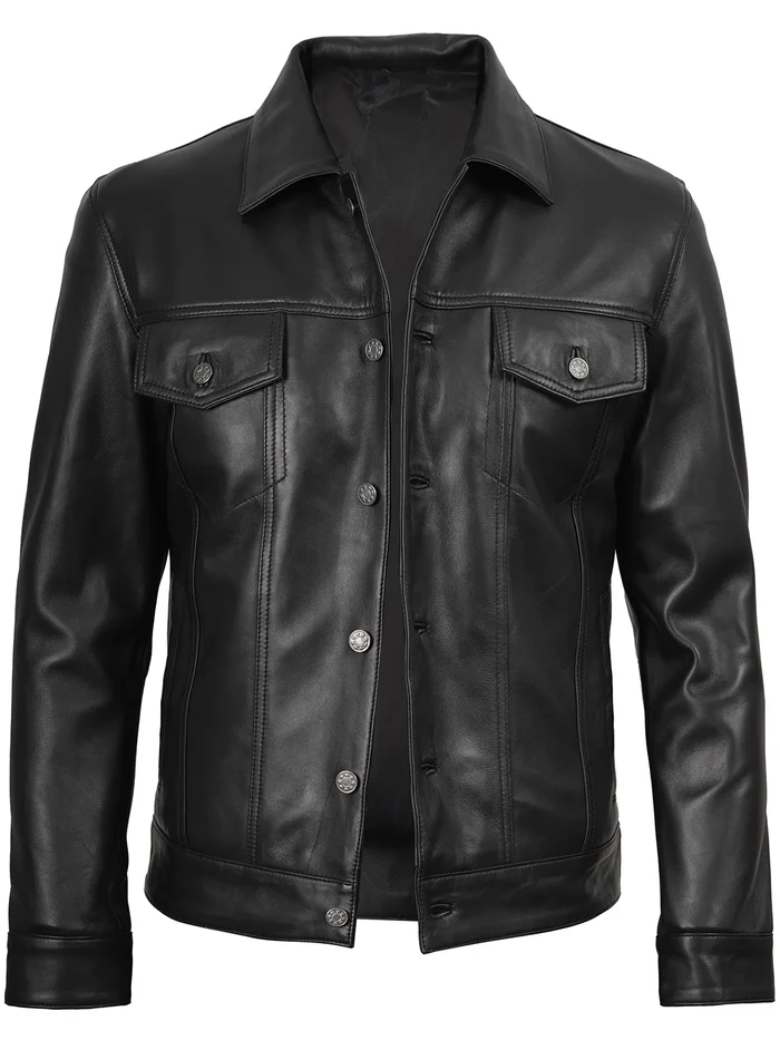 Men’s Black Trucker Leather Jacket – Button-Up Design | NSM Jackets