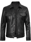 Fernando Men's Black Leather Trucker Jacket - Front Closed View
