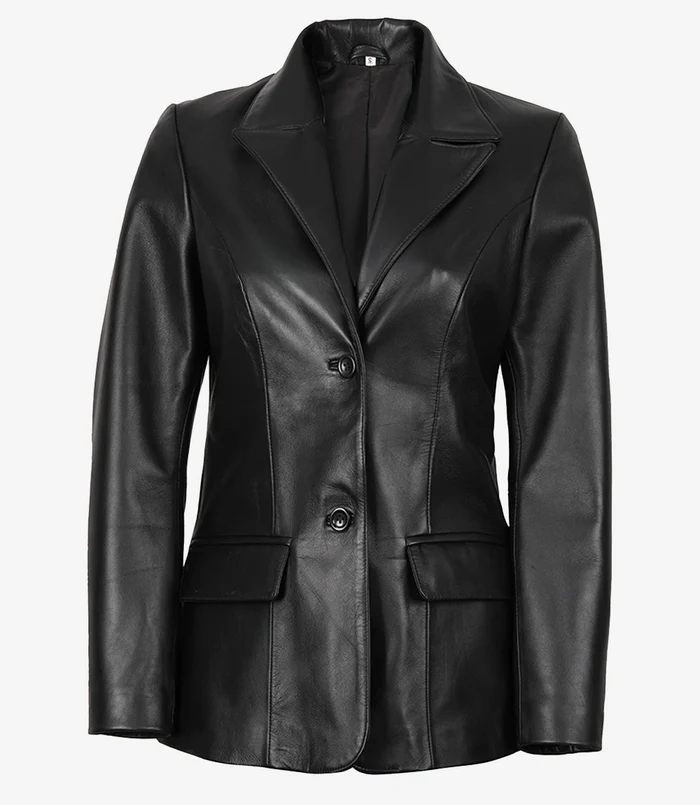 Nova Women's Black Peak Lapel Leather Blazer - Front View