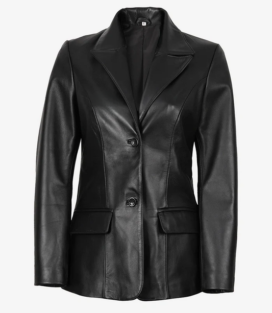 Nova Women's Black Peak Lapel Leather Blazer - Front View