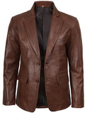 Cognac Brown Leather Blazer for Men – Two-Button Wax Finish