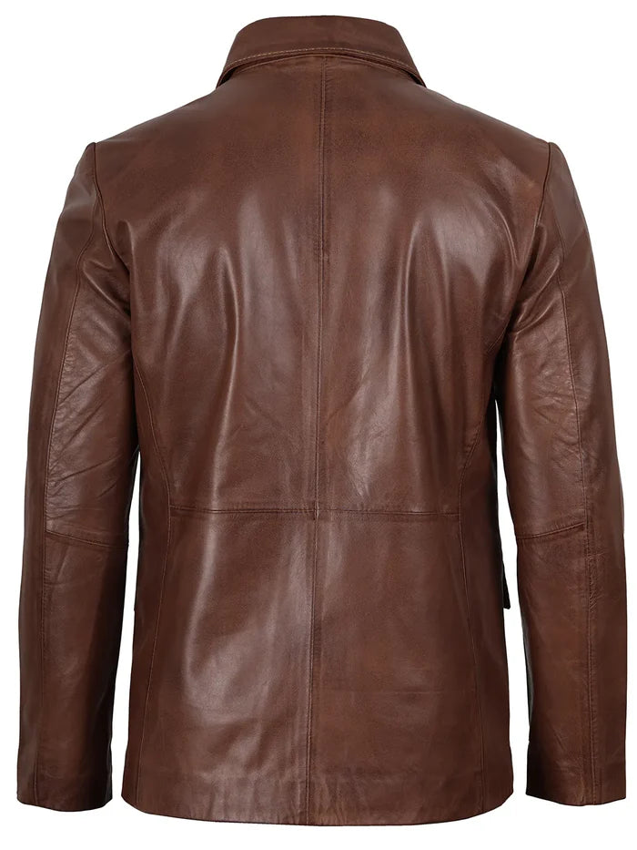 Men’s Cognac Brown Real Leather Blazer – Front View