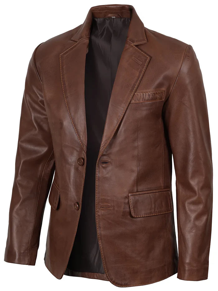 Side Angle of Men’s Cognac Wax Leather Blazer