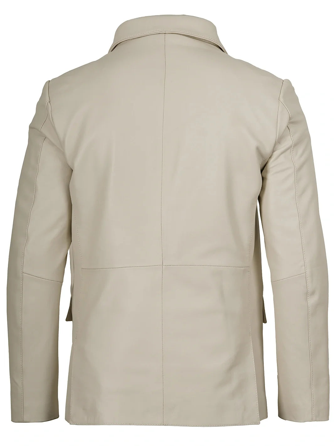Men's two-button off-white leather blazer, full front view