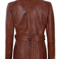 Cognac Women's Brown Belted Biker Leather Jacket - Front View