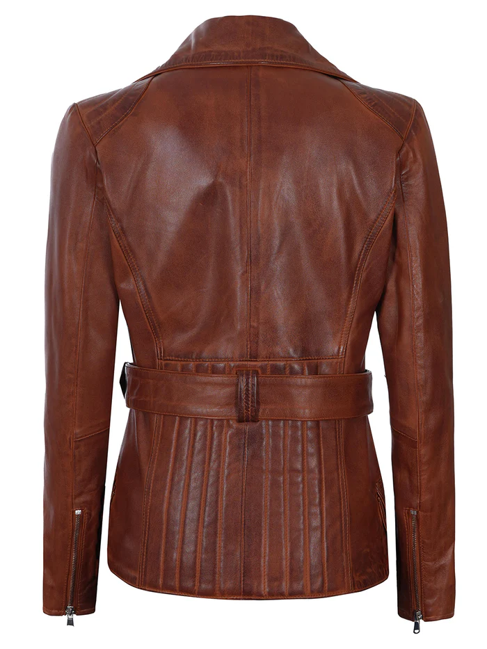 Cognac Women's Brown Belted Biker Leather Jacket - Front View