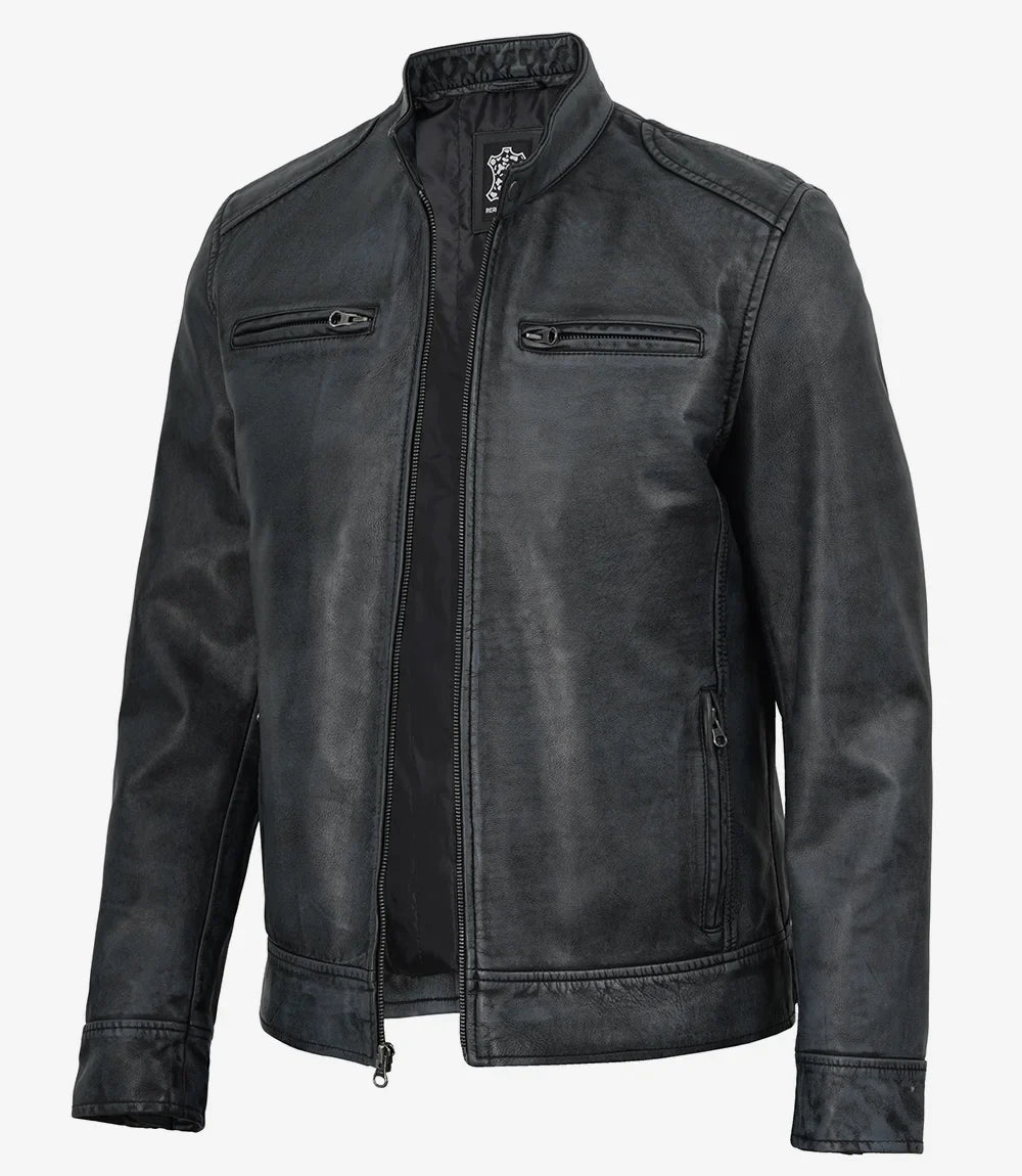 Cole men's black washed leather jacket, front view unzipped