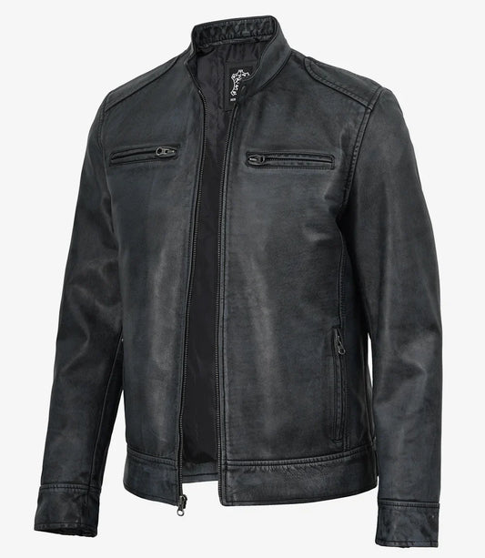 Cole men's black washed leather jacket, front view unzipped