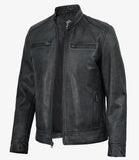 Cole men's black washed leather jacket, front view unzipped