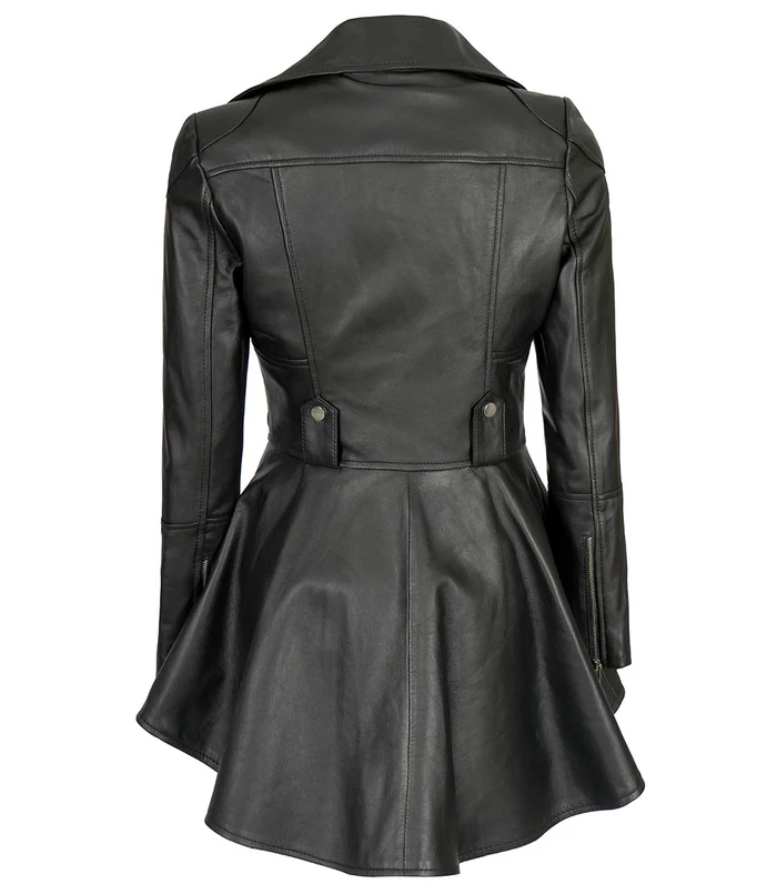 Reign Women's Black Asymmetric Peplum Biker Leather Jacket - Back View