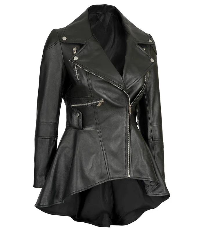 Reign Women's Black Asymmetric Peplum Biker Leather Jacket - Front View