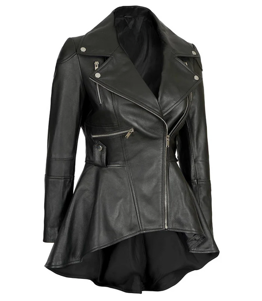 Reign Women's Black Asymmetric Peplum Biker Leather Jacket - Front View