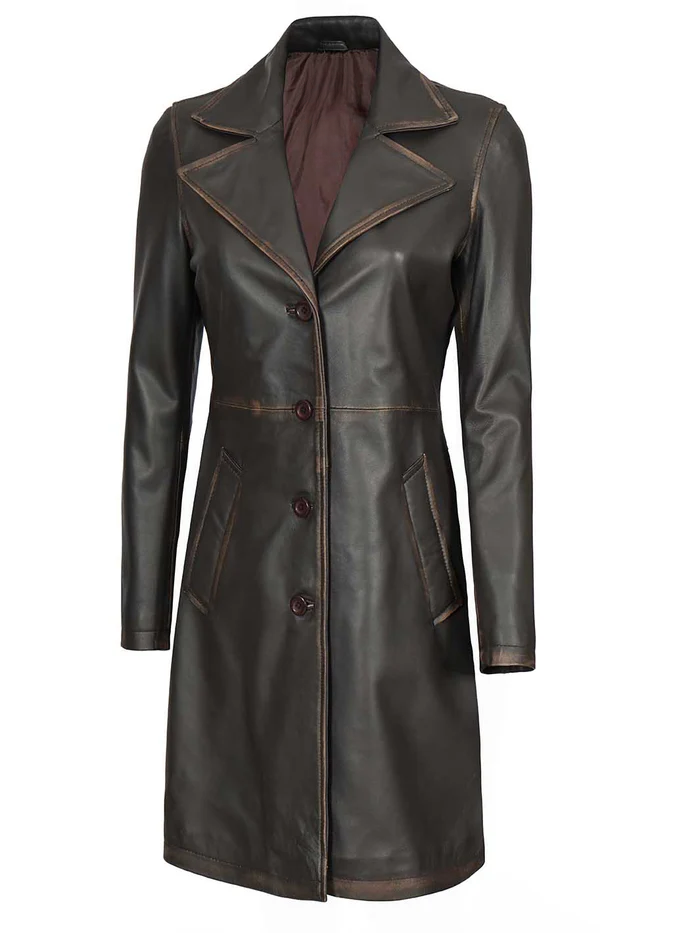 Bryson Women's Dark Brown Rub-Off Leather Coat - Side View