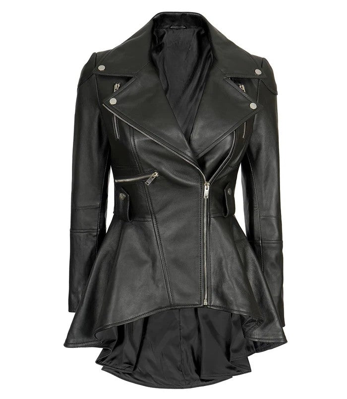 Women’s Peplum Black Leather Jacket – Front View